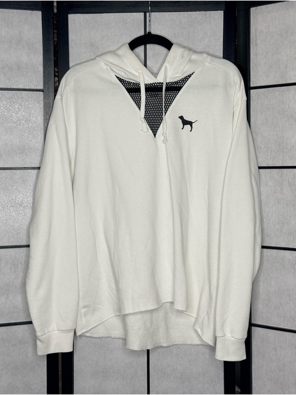 Victoria’s Secret PINK Dog Logo Mesh V-Neck White Hoodie Pullover Size Large
